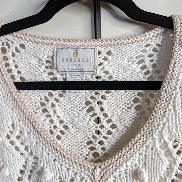 😃Express vintage bobble handknits cotton v neck sweater ivory tan sz L - Picture 5 of 6